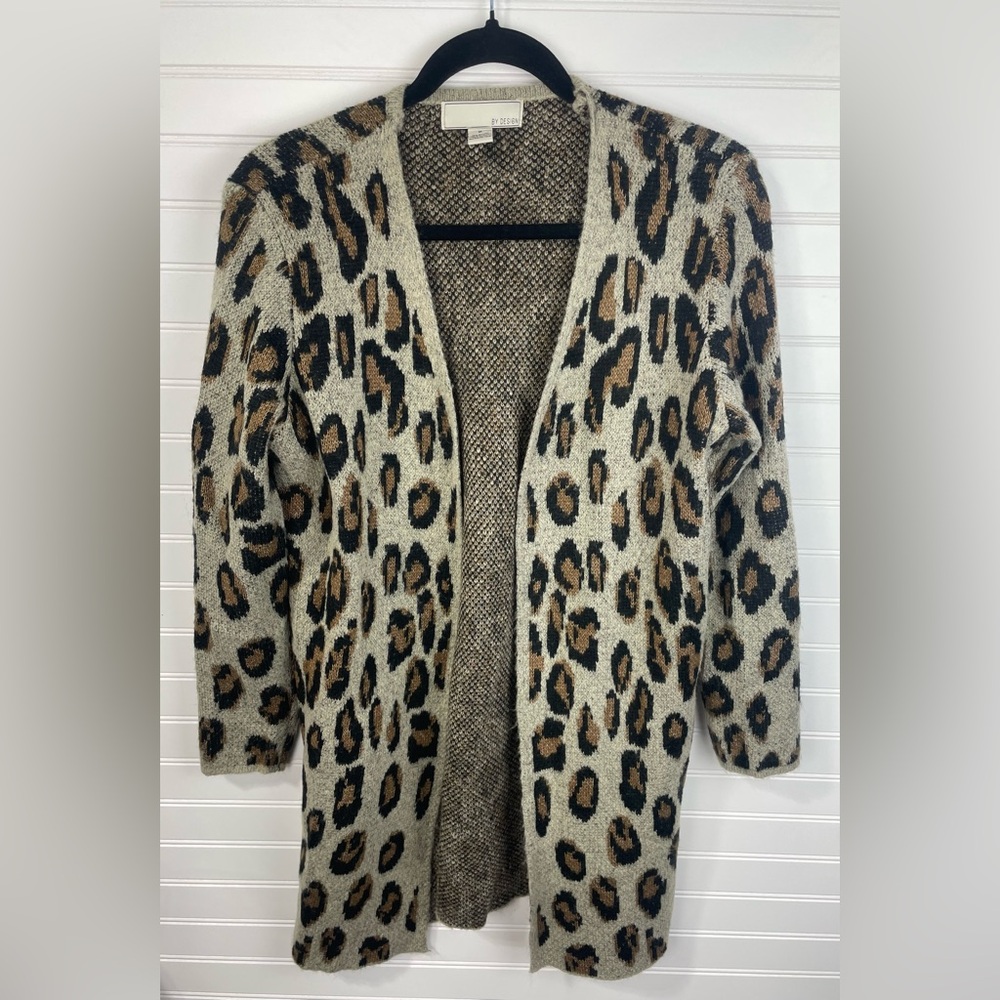 By Design Brown Leopard Print Open Front Long Sleeve Cardigan Size Medium EUC - Picture 1 of 5